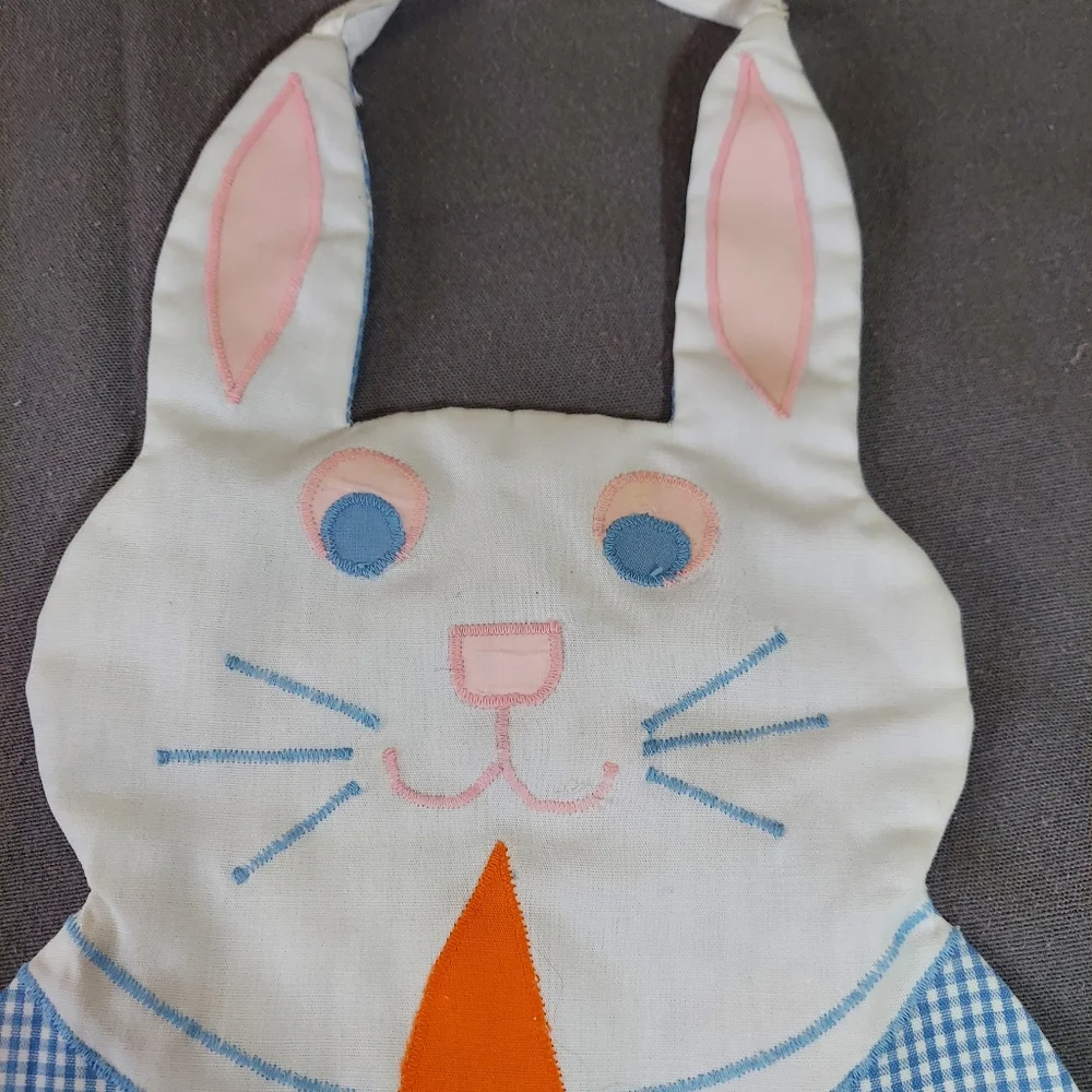 Vintage Bunny Rabbit Holding A Carrot Bib Embroidered Easter Spring Tie Strings